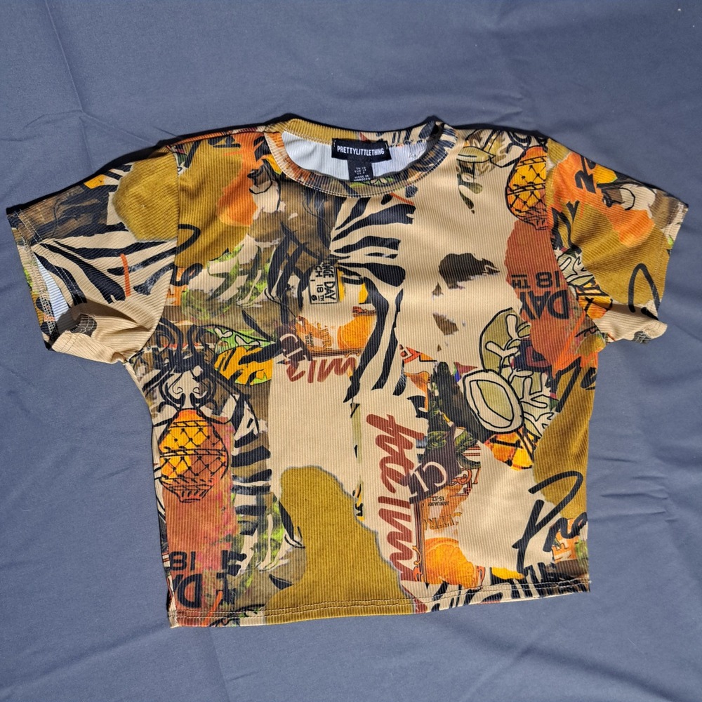 Pretty Little Things SZ 6 Rust Basic Short Sleeve Crop Top Graphic Print